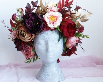Burgundy Flower Crown: Big Boho Wedding Headpiece