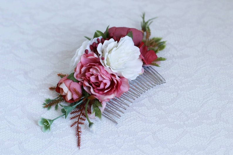 White burgundy red flower peonies comb the bridal bridesmaid flower crown Hair pieces peach greenery