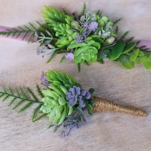 Lilac Succulent Corsage and Boutonniere Set: Rustic Wedding Flowers