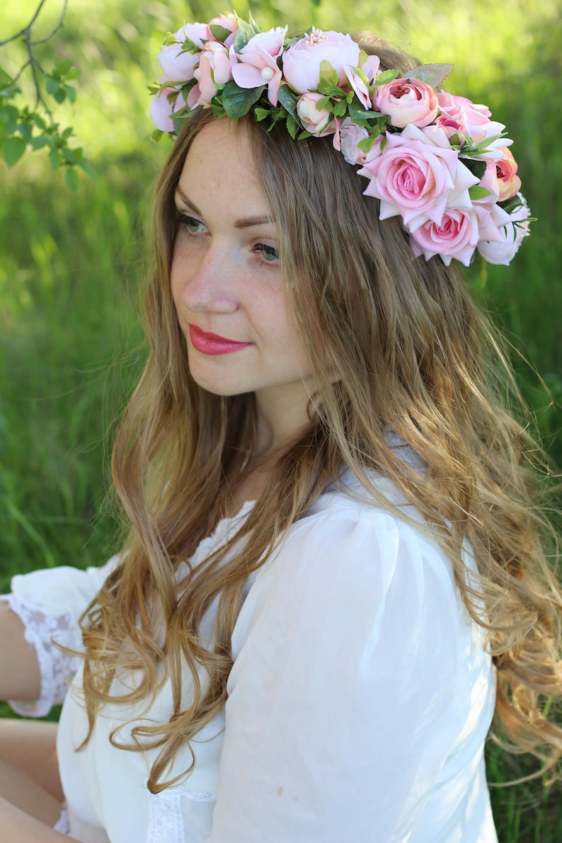 Flower wedding crown bride gently pink summer girl boho rustic