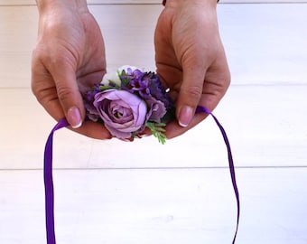 ラベンダーローズコサージュ：素朴な花嫁介添人用リストフラワー