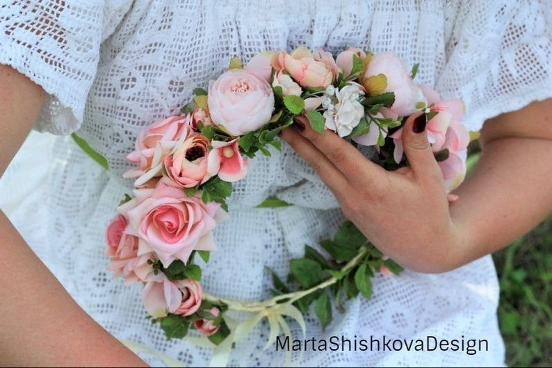 Flower wedding crown bride gently pink summer girl boho rustic