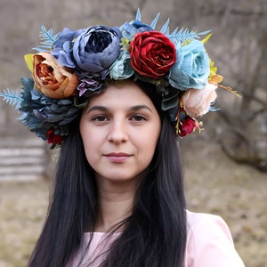 Boho Flower Crown: Burgundy & Blue Peony Wedding Headpiece