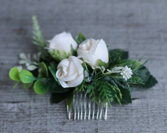 Eucalyptus Wedding Hair Comb: Ivory Rose Floral Bride Hairpiece
