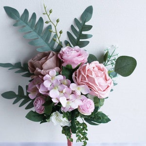 Dusty Pink Rose Bouquet – Medium Bridesmaid Boho Wedding Silk Flowers with Peonies, Eucalyptus & Hydrangea – Rustic Floral Arrangement