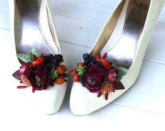 Burgundy Floral Shoe Clips: Boho Wedding Accessory