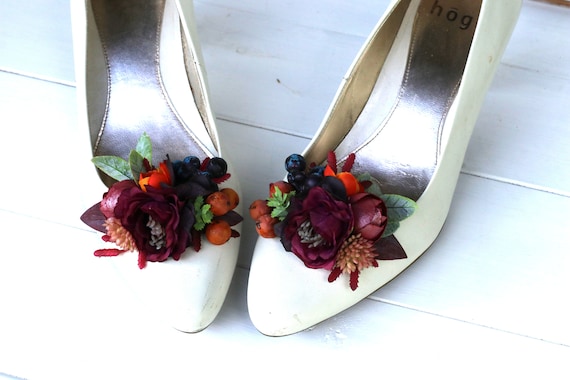 Burgundy Floral Shoe Clips: Boho Wedding Accessory