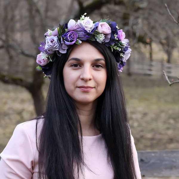 Lavender flower crown roses purple peonies   flower girl crown bride wedding floral headpiece