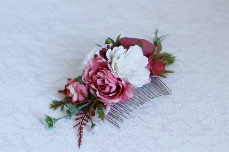 White burgundy red flower peonies comb the bridal bridesmaid flower crown Hair pieces peach greenery