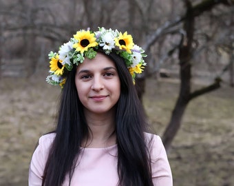 Sunflower Wedding Crown: Rustic Floral Headband with Daisies