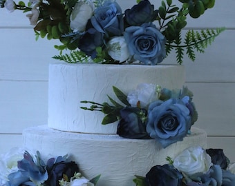 Blue Floral Cake Topper – Rustic Woodland Wedding Decoration with Faux Roses, Peonies, Hydrangea & Eucalyptus Greenery