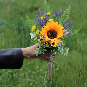 Sunflower Lavender Wedding Bouquet: Flower Girl Bridesmaid Bouquet