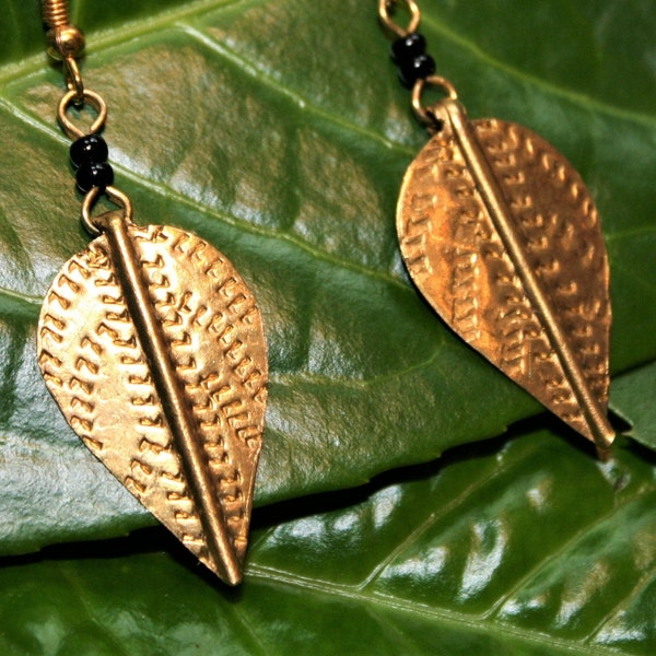 Leaf Drop Earrings - African Masai Gold Coloured Brass Earrings