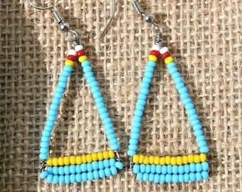 African Masai Beaded triangle drop earrings - Blue / Yellow