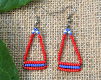 African Masai Beaded triangle drop earrings - Red / Purple / White