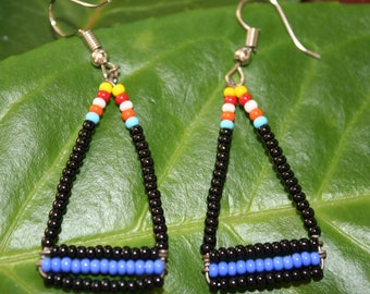 African Masai Beaded triangle drop earrings - Black / Purple / Multicoloured