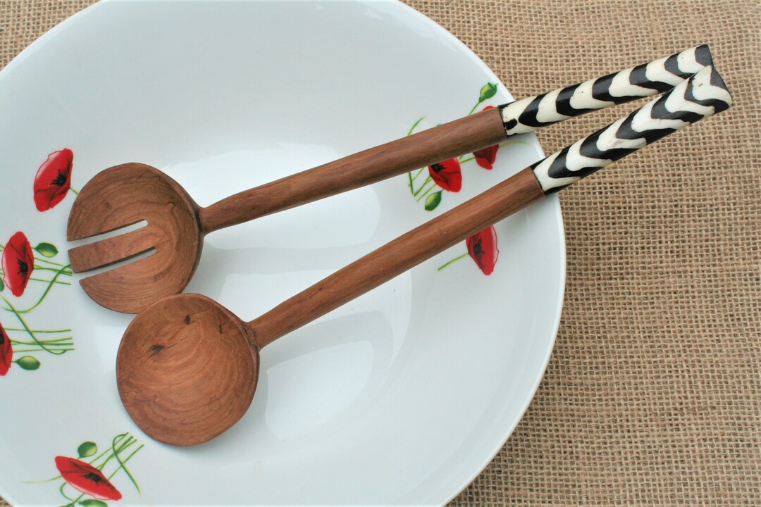 Salad Servers Hand Carved African Wooden Salad Servers round With Batik Bone Handles 31cm Etsy
