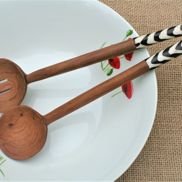 Salad Servers - Hand Carved African Wooden Salad Servers (Round) with Batik Bone Handles (31cm)