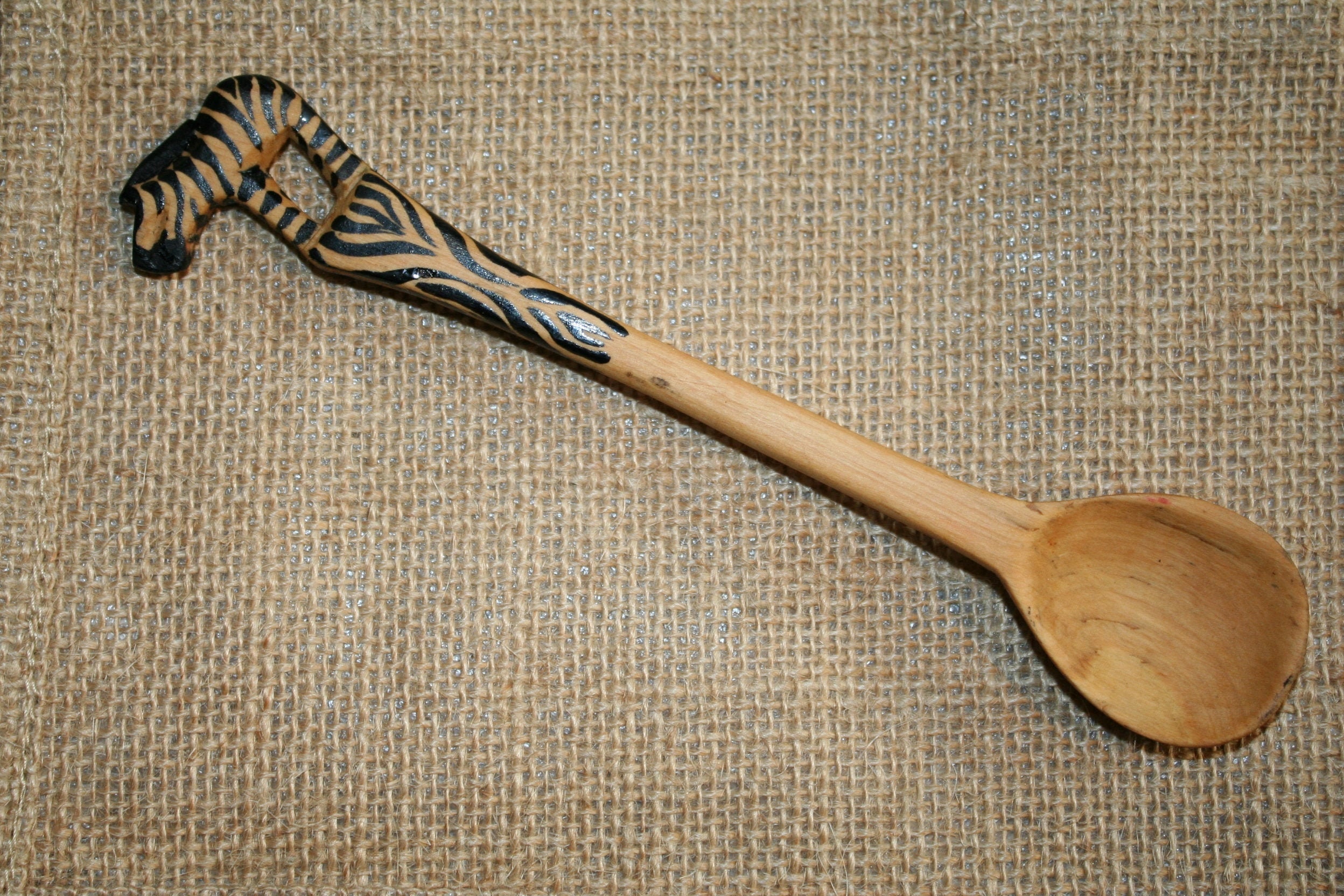 Image of 17cm Hand Carved Wooden Zebra Spoon - With Half Painted Handle
