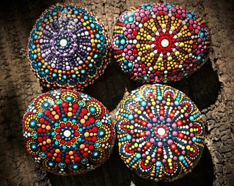 4 Natural gifting stones, Beautiful Dot Painted Mandala Rocks, One of a kind Home Decoration, Mother's Day Gift idea