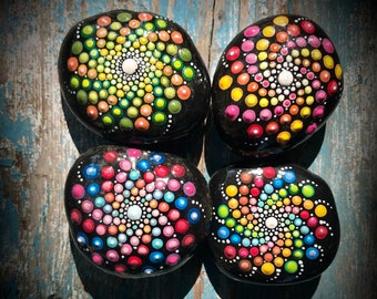 4 Rainbow Coloured Dot Painted Mandala Rocks, Beautiful rainbow gifting stones, Natural home and Table decor, Mother's Day Gift idea