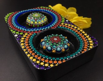 2 Beautiful Dot Painted Rainbow Mandala Rocks and Tea light Holder, Mandala Dot Art, Beautiful rainbow gifting stones