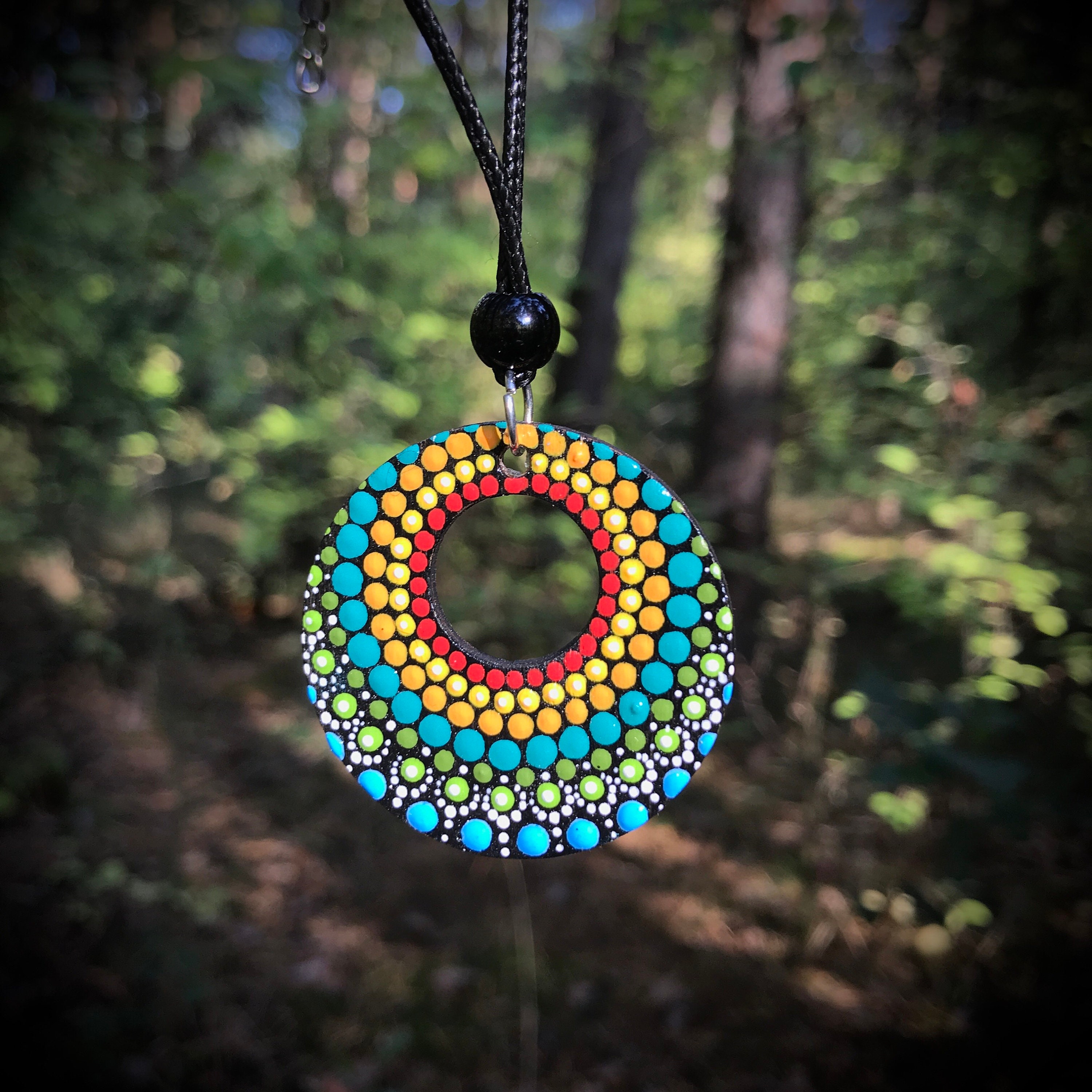 Rainbow Boho artisan jewellery one of a kind Dot Painted Mandala Pendant Earrings Autumn Gift idea