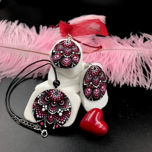 Pink Mandala Jewelry Set, Dot Painted Mandala Necklace, Pendant and Earrings, Every day jewelry, Spring gift idea