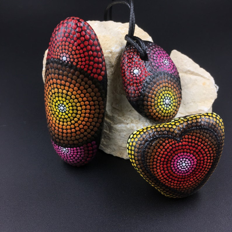Bohemian Jewellery Tribal Pendant Holiday Gift Idea Unique Set of 2 Dot Painted Rocks and 1 Pendant