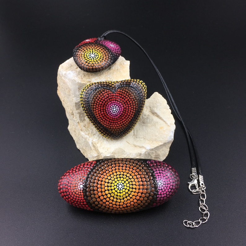 Bohemian Jewellery Tribal Pendant Holiday Gift Idea Unique Set of 2 Dot Painted Rocks and 1 Pendant