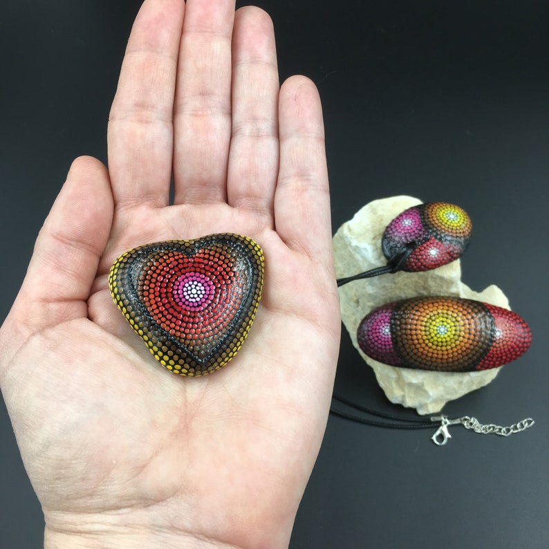 Bohemian Jewellery Tribal Pendant Holiday Gift Idea Unique Set of 2 Dot Painted Rocks and 1 Pendant