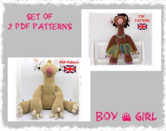 SET of 2 pdf patterns amigurumi sloths boy and girl