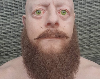 May include: A close-up of a bald man with a full, brown beard and mustache. He has green eyes and a serious expression.