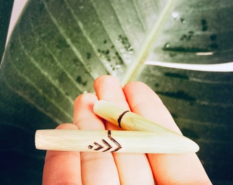 May include: Two light-colored bamboo sticks with dark brown accents and a chevron design. The sticks are held in a hand, with a large green leaf in the background.