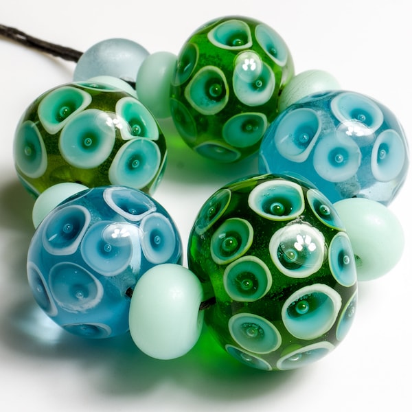 Handmade Lampwork Beads, Precision Plunged Dot Artisan Glass Jewelry Supplies, Green Blue, Unique Statement Necklace Earrings Kath Beads SRA