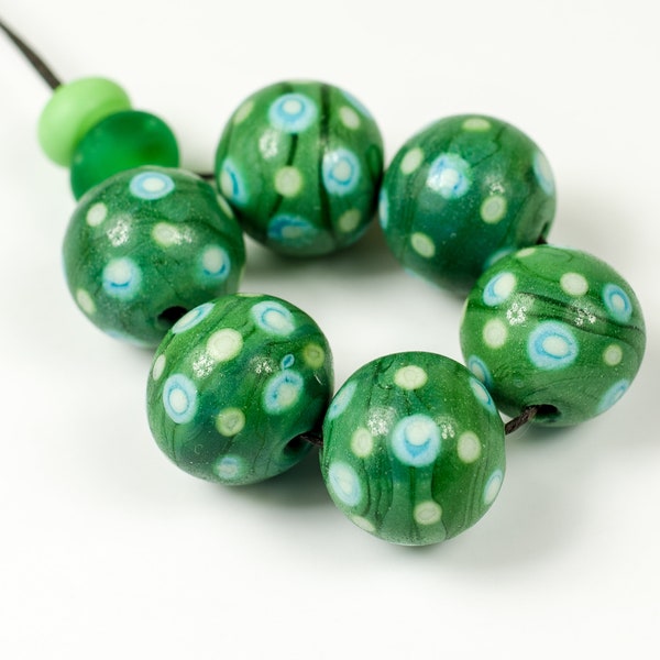 Set Handmade Lampwork Beads Artisan Etched Glass Jewelry Making Supplies, Unusual Green Blue Dots, Earrings Necklace Bracelet Kath Beads SRA