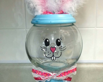 Handpainted embellished glass terra cotta pot Easter Bunny candy dish or cookie jar. Unique and adorable decoration for the kitchen!