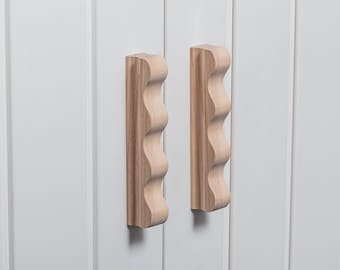 Set of 2 Handmade Wavy Wood Cabinet Handles: Oak, Ash, Maple