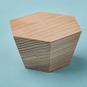 Könnte beinhalten: Ein sechseckiger Holz-Knopf mit hellbrauner Oberfläche und Holzmaserung.