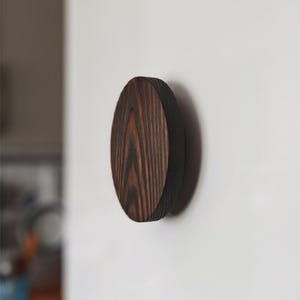 Könnte beinhalten: Ein runder Wandhaken aus Holz mit einer dunkelbraunen, holzmaserierten Vorderseite und einem schwarzen Rand. Der Haken ist an einer weißen Wand befestigt und zeigt seine natürliche Holzstruktur und sein minimalistisches Design.