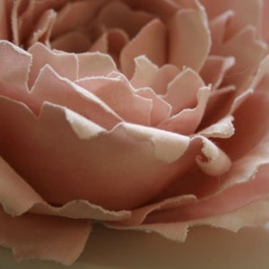 Può includere: Primo piano di un grande fiore di tessuto rosa chiaro. I petali sono stratificati con una superficie strutturata e un bordo più chiaro, quasi bianco. Il fiore sembra fatto a mano, con un aspetto morbido e delicato.