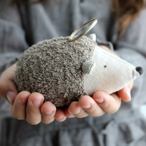 Puede incluir: Un pequeño juguete de peluche de erizo marrón y blanco con un halo dorado. El erizo está siendo sostenido en las manos de una persona.