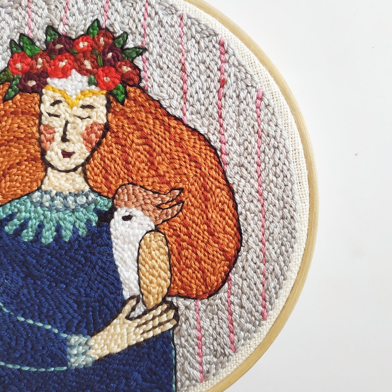 Punch Needle Emboidery Wall Art. 17 cm Girl with a Parrot Wall Etsy