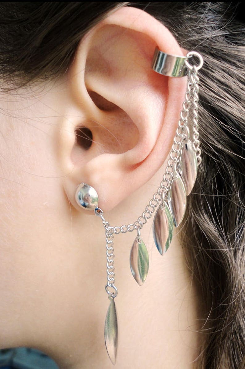 3 BLACK FEATHERS chain EAR CUFF crystal stud rhinestone gold pl earcuff earrings