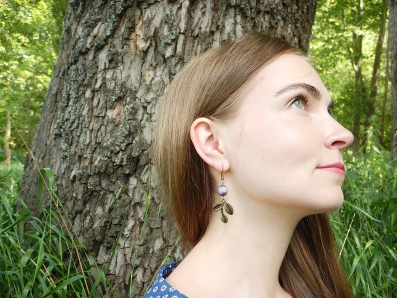 boho chic jewelry leaf earrings Purple earrings best friend gift agate earrings Tinkerbell earrings violet earrings Romantic earrings