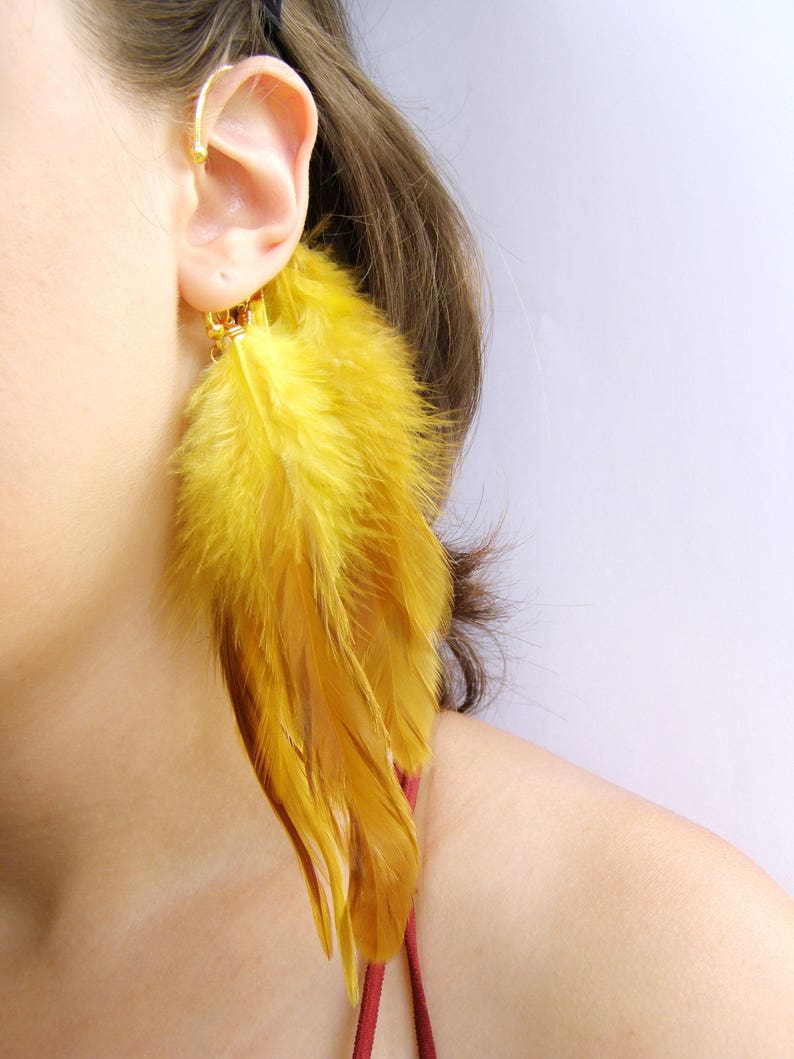 Headdress Boho Chic Ear Cuff Pixie Ear Native American Jewelry Feather Ear Cuff No Piercing Burning Man Yellow Ear Cuff Non Pierced Jewelry Cuff Wrap Earrings