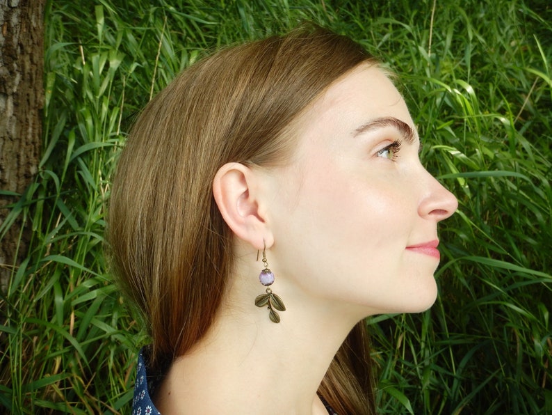 boho chic jewelry leaf earrings Purple earrings best friend gift agate earrings Tinkerbell earrings violet earrings Romantic earrings