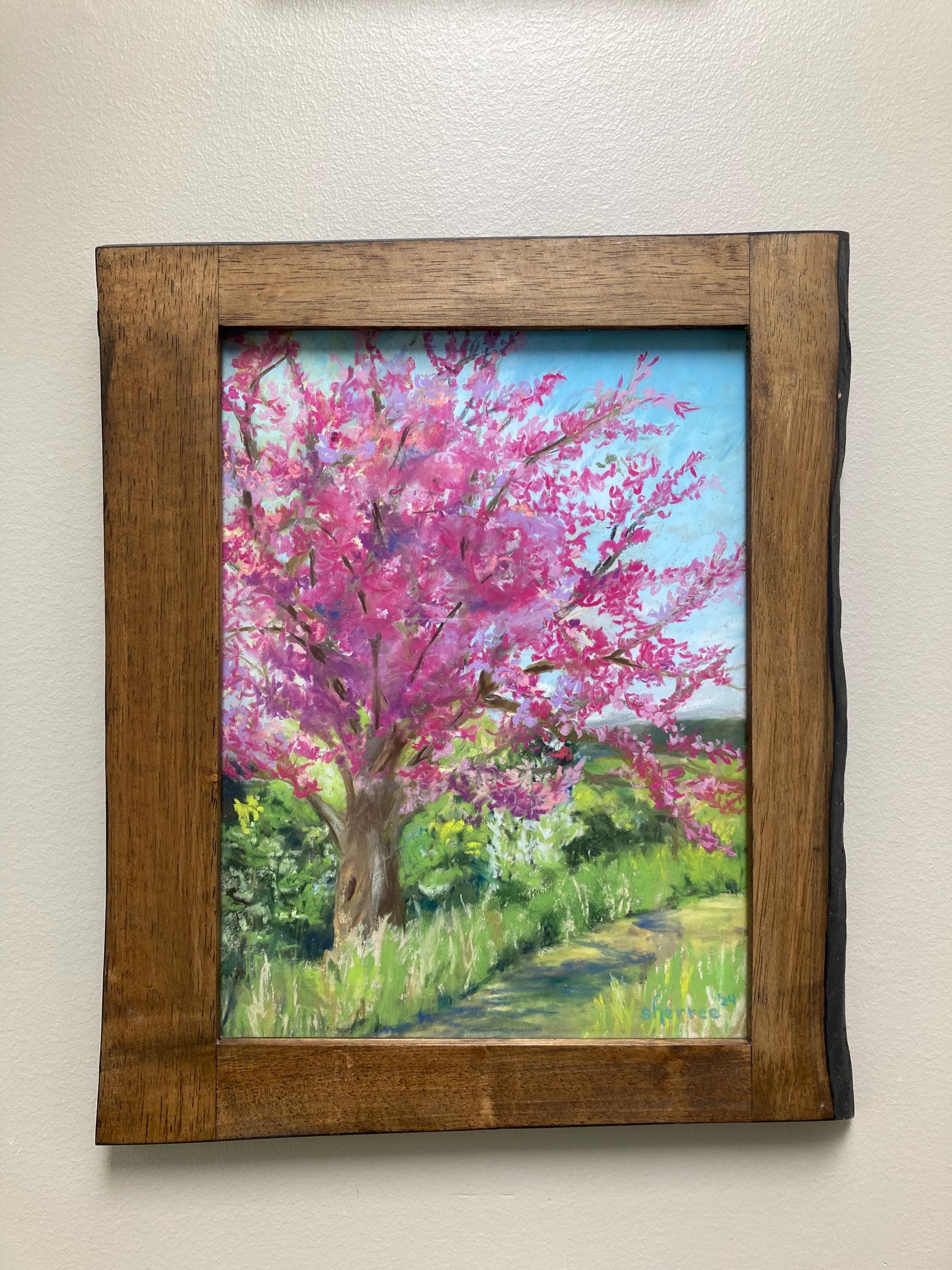 Original Framed Pastel Painting of an Eastern Redbud Tree Along a Path. Painted on Location