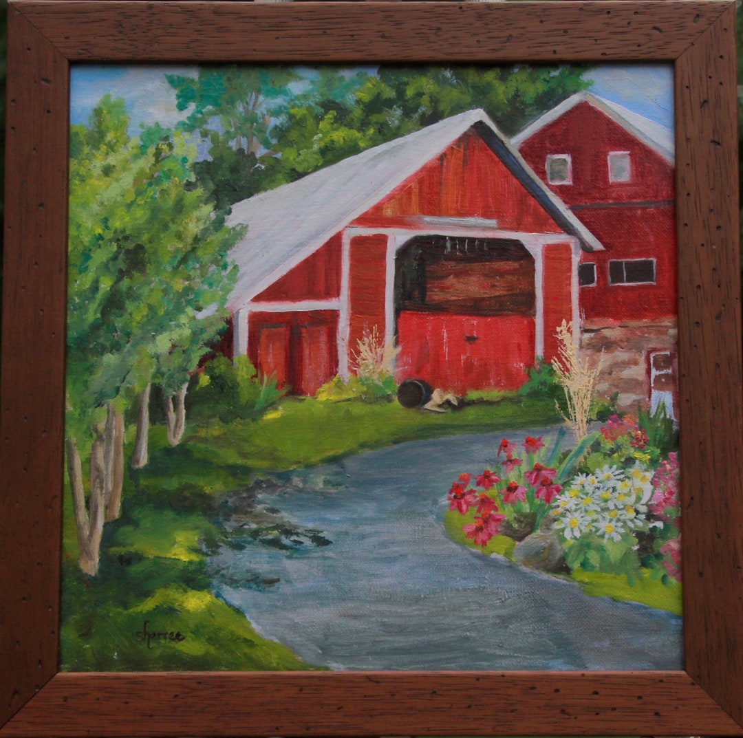 Framed Original Oil Painting of the Red Barns at the Adams County