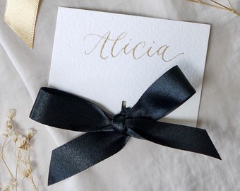 Luxury Calligraphy Place Cards with Satin Ribbon – Wedding Table Name Tags – Eco-Friendly A8 Cards